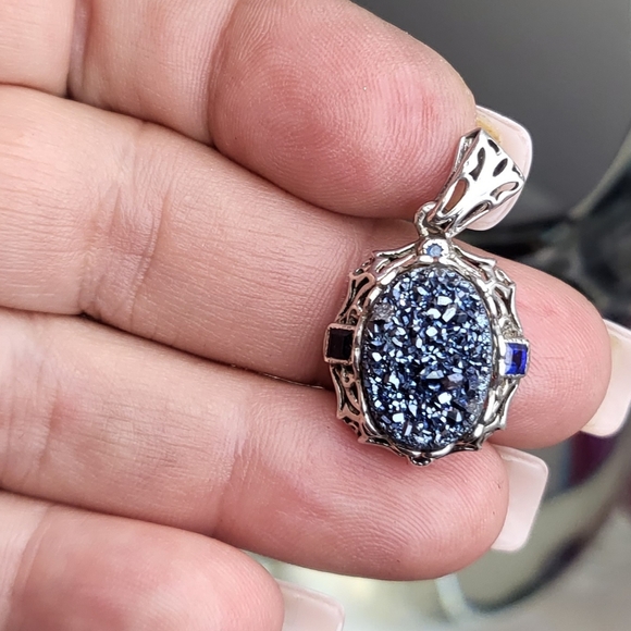 GLISTENING Antique 925 Sterling Silver Filigree Blue Sapphire pendant - Picture 2 of 8